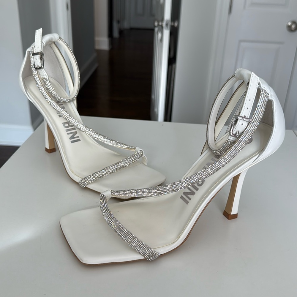 Gianni Bini white rhinestone strap heels with ankle strap